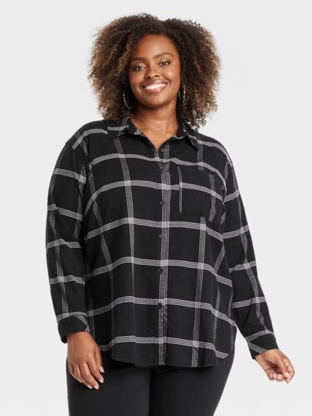 Ava & Viv Plaid Button-Front Flannel Top Black/White size xxl